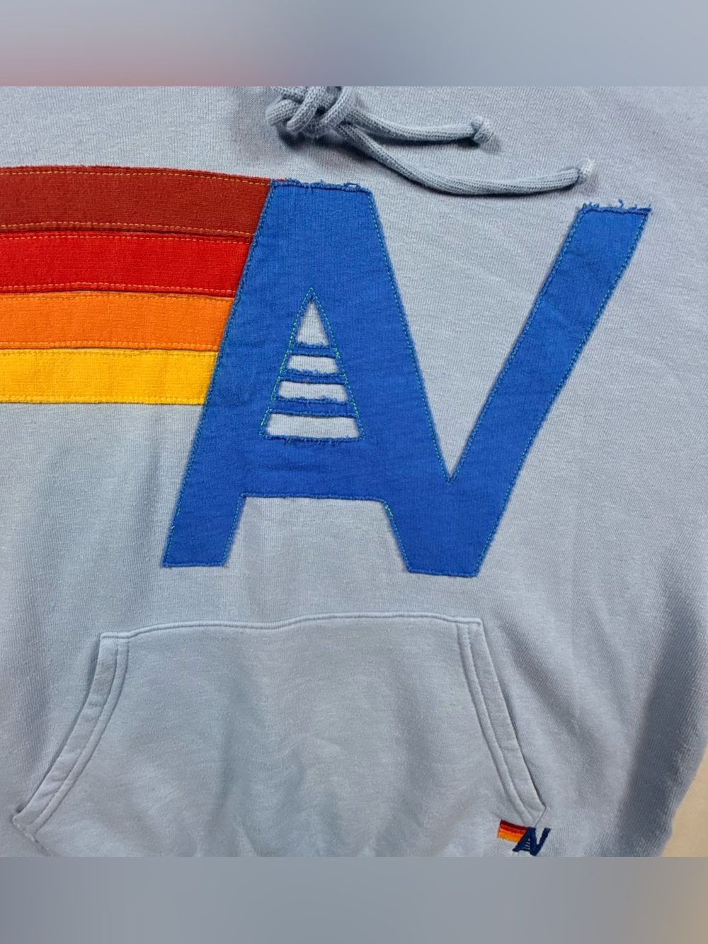 RARE Aviator Nation Pullover Hoodie Light Blue Rainbow Stripe Appliqué Size S